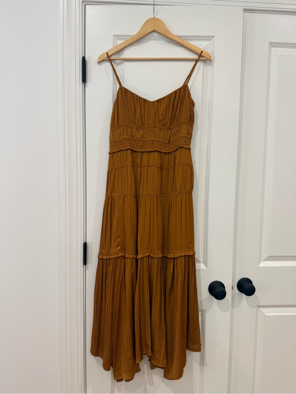 Anthropologie Tiered Spaghetti-Strap Maxi Dress in Caramel Brown
